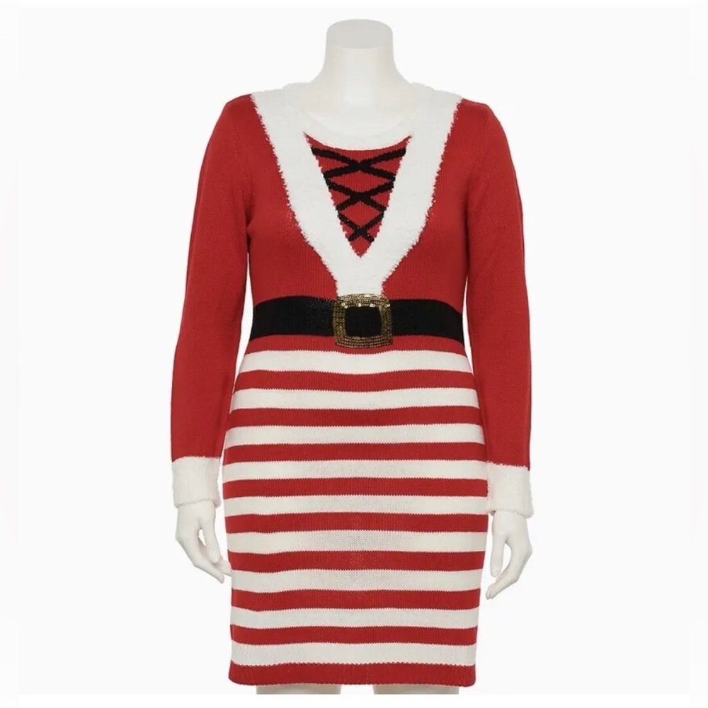 Christmas Santa Sweater Dress Women’s Junior’s Plus Size 1X Red White Stripes